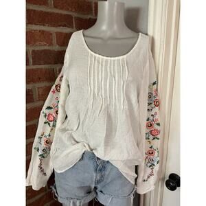 Boho Embroidered Peasant Blouse White Gauze Top Cottagecore Festival Flowy XL